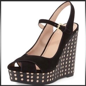 Tory Burch the Ollie Black platform Tan Polka Dot wedge Strappy heels size 7 EUC